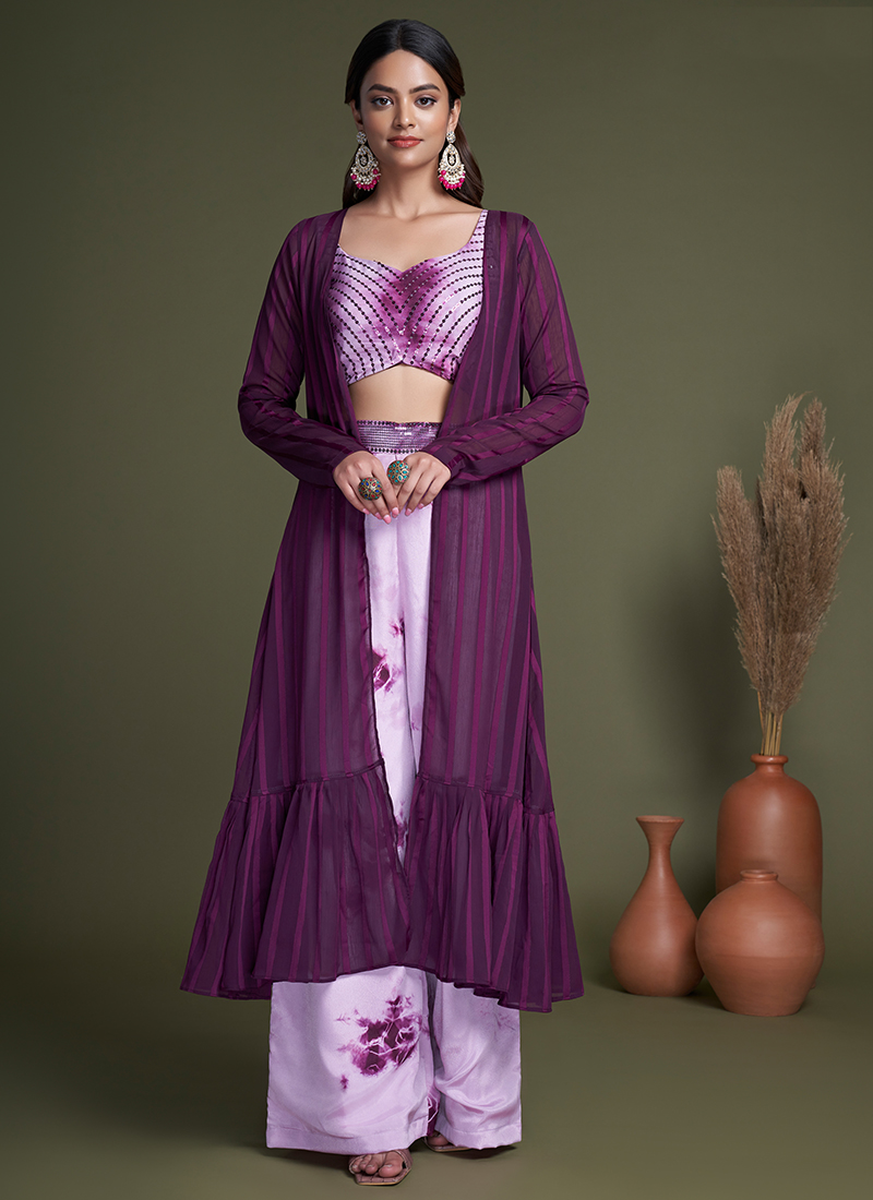 Buy Party Wear Dark Purple Embroidery Work Georgette Top Palazzo With Jacket  Online From Surat Wholesale Shop.