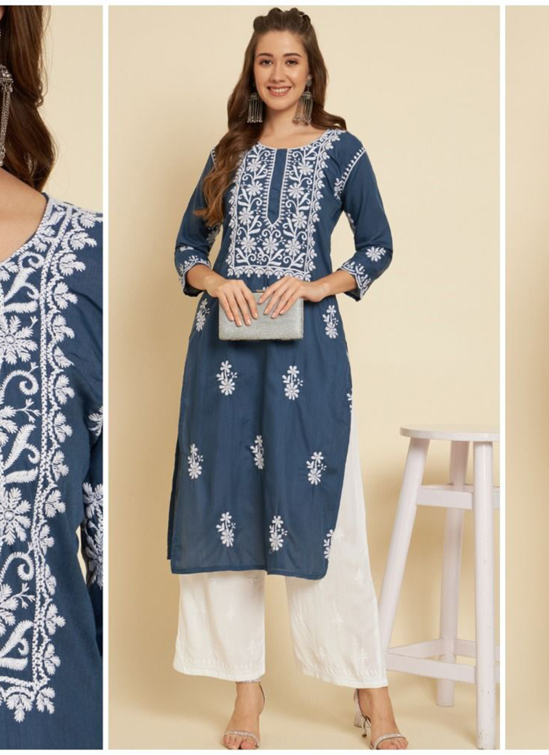 Buy Orange & White Ghas Patti Lucknowi Chikankari Casual Cotton Kurti Online  at Kiko Clothing