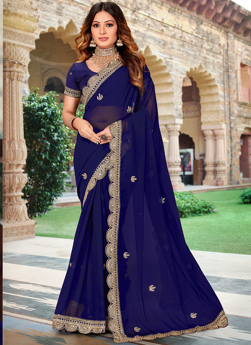 Georgette Embroidery Saree In Navy Blue Colour - SR09406116