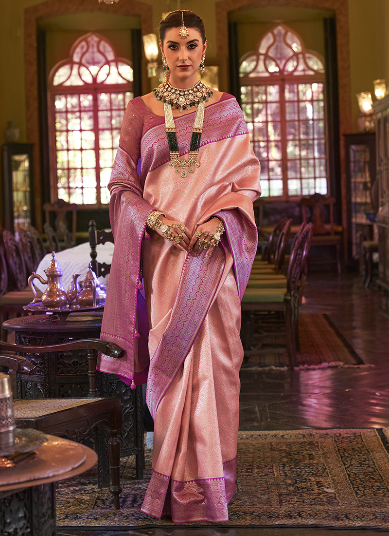 Peach colour sale wedding silk sarees