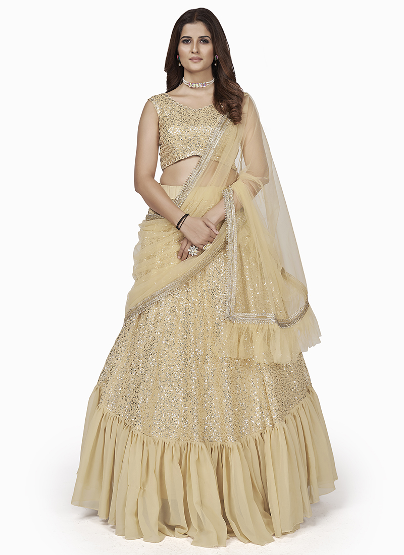 Elegant Beige Sequins & Gota Patti Work Georgette Lehenga Choli