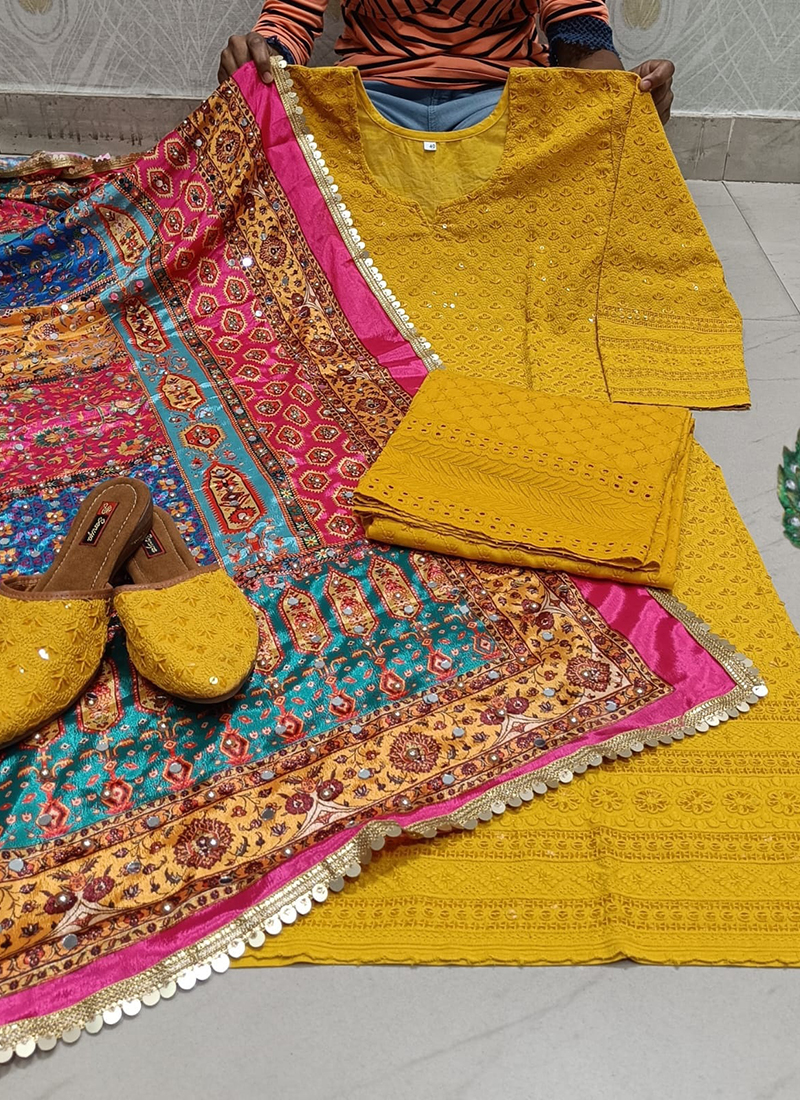 Indian Vintage Yellow Phulkari Suit material with matching Phulkari Dupatta  | eBay