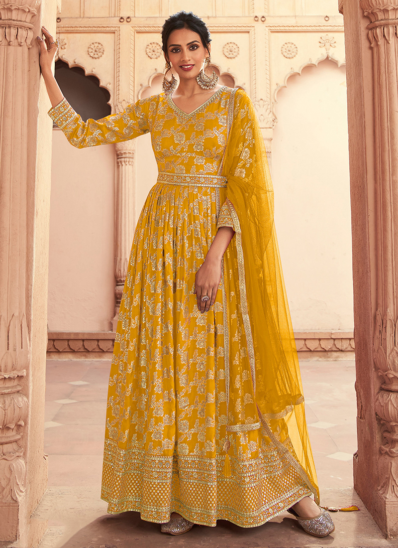 Buy Yellow Georgette Embroidered Party Wear Plazzo Suit Online