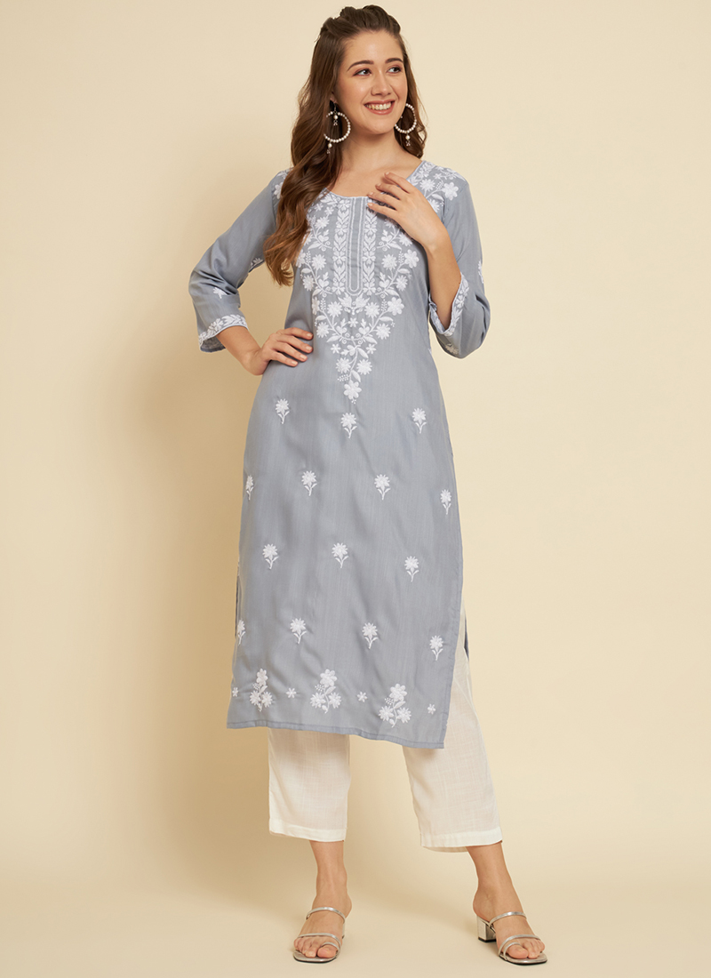 Buy Grey Lucknowi With Pearl Work Suit Online in USA – Pure Elegance