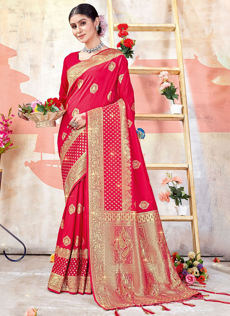 Dark Pink Banarasi Silk Saree - Urban Womania