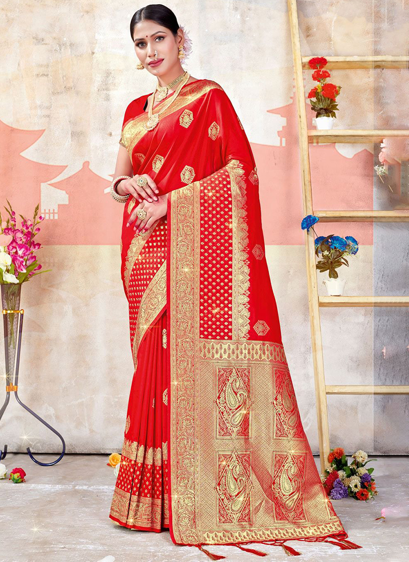 Buy Red Emboidered Partywear Satan Silk Saree Online - SREV2478 | Appelle  Fashion