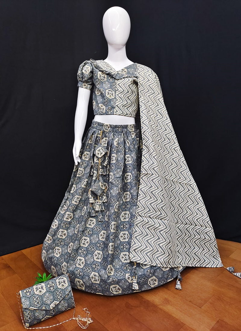 Georgette Ajrakh Printed And Sequins Work Designer Kids Lehenga Choli With  Jacket | Exotic India Art