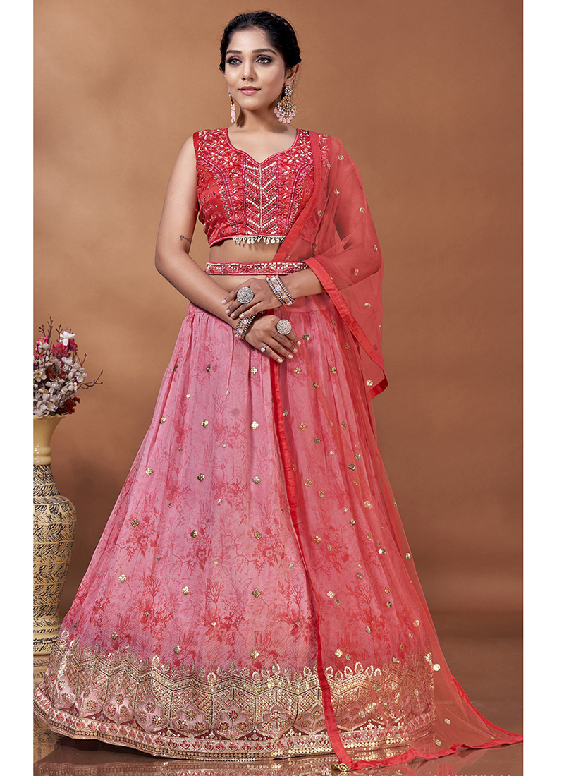 Party Wear Pink Embroidery Work Viscose Ready To Wear Lehenga ...