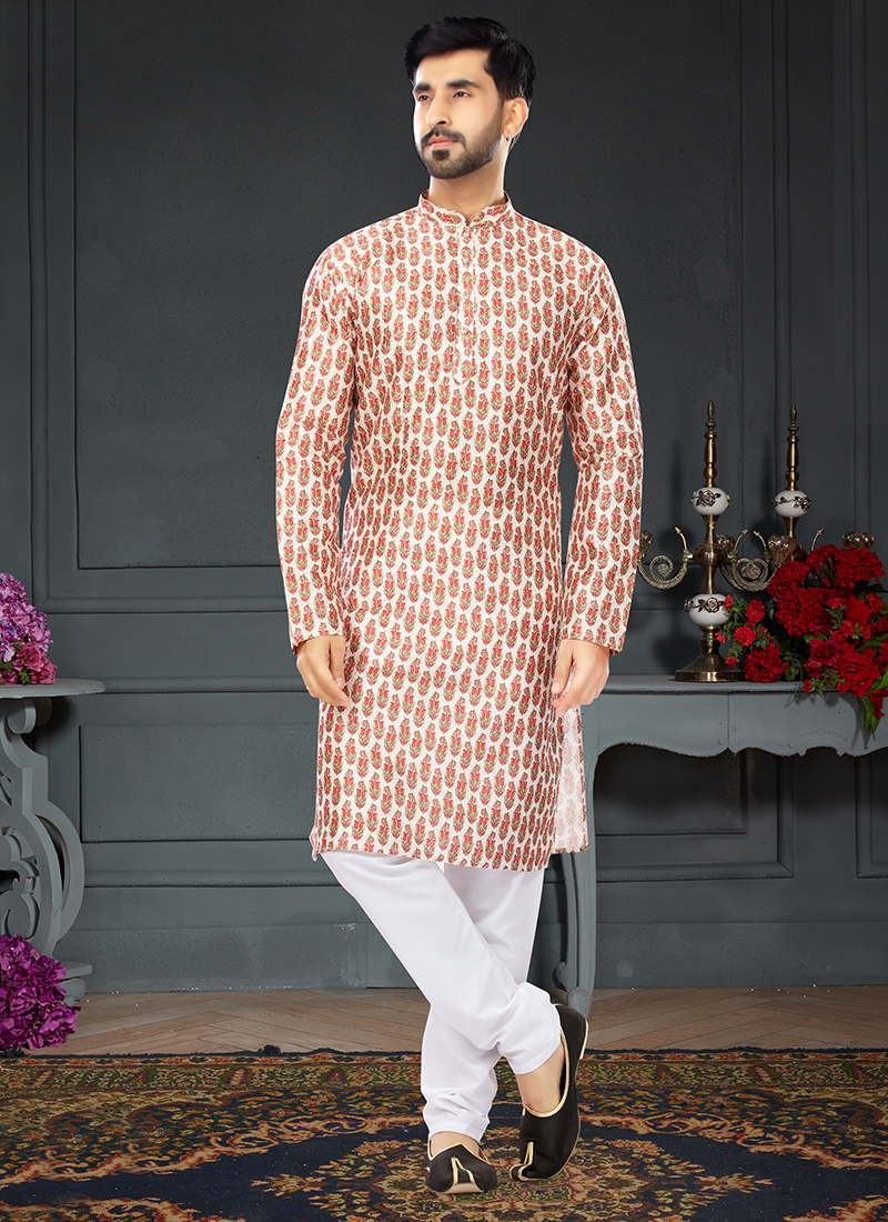 Traditional Wear White Tomato Red Digital Printed Silk Kurta Pajama