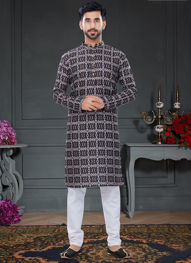 Traditional Wear Black Multi Color Digital Printed Silk Kurta Pajama