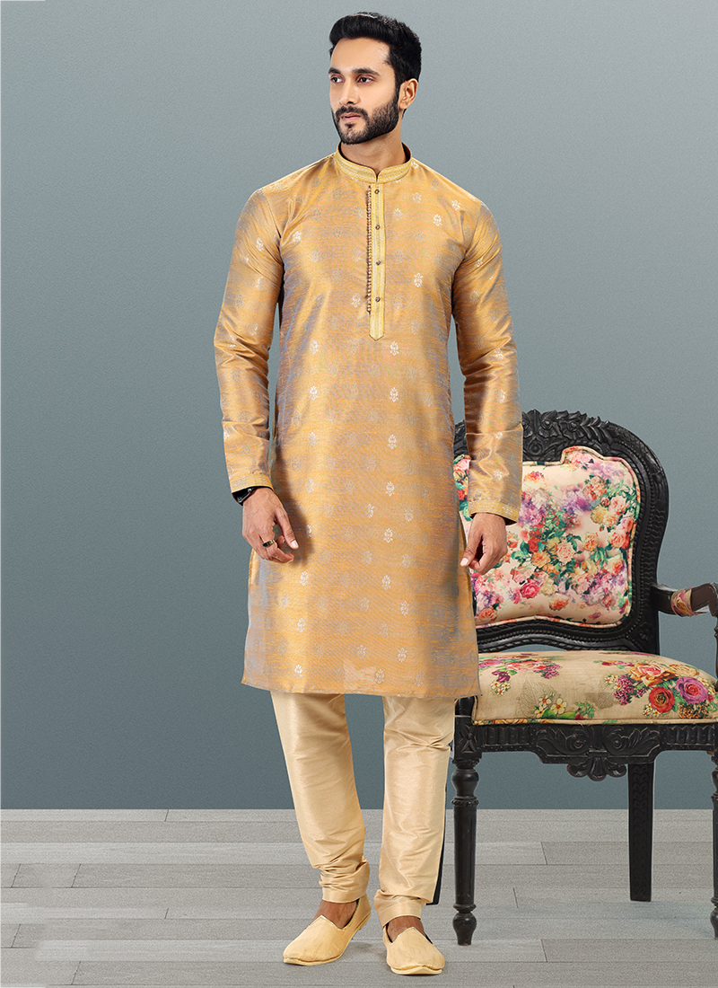 Buy Festival Wear GOLD Jacquard Banarasi Silk Kurta Pajama