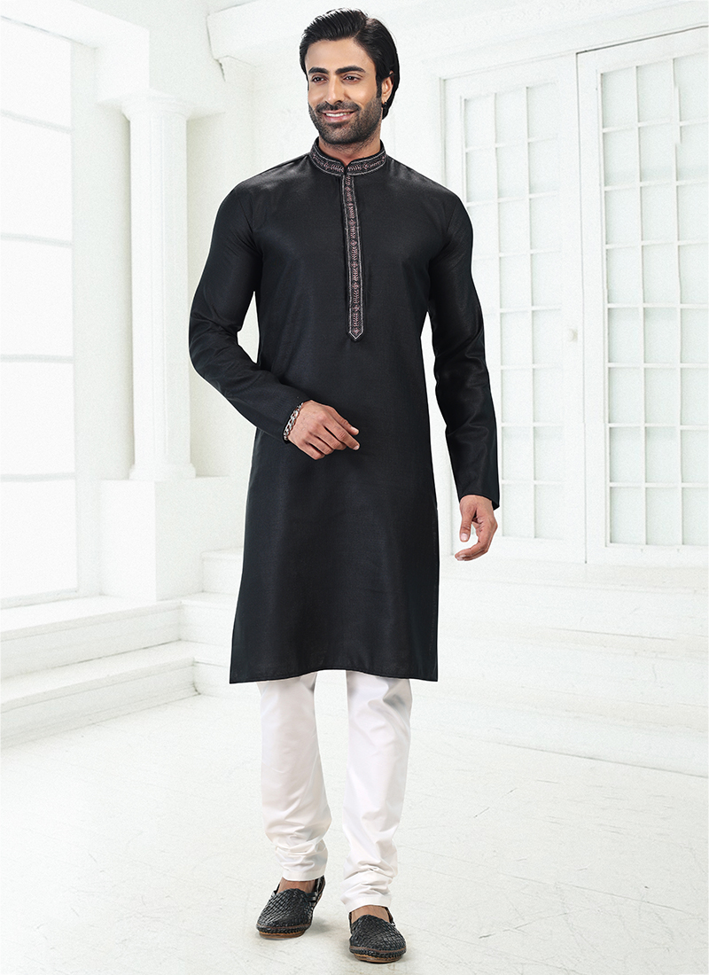 Buy Traditional Wear BLACK Thread Work Linen Cotton Kurta Pajama Online