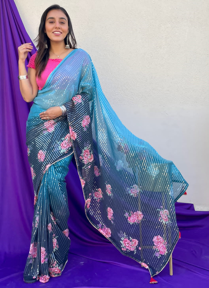 Sky Blue Bollywood Saree in Georgette With Sequence Embroidery Work |  Indian ethnic wear, Saree designs, Georgette sarees