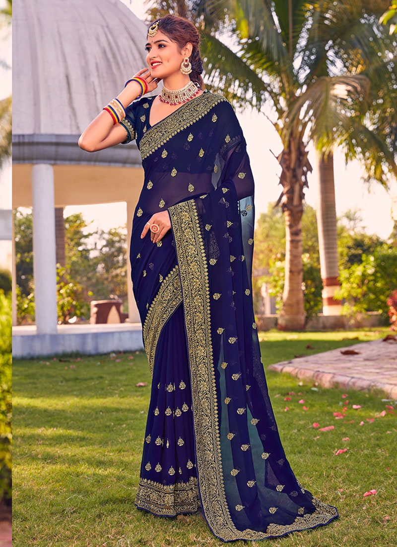 Party Wear Navy Blue Embroidered Georgette Saree at Best Price in Bareilly  | Tried And Trusted Retail Private Limited