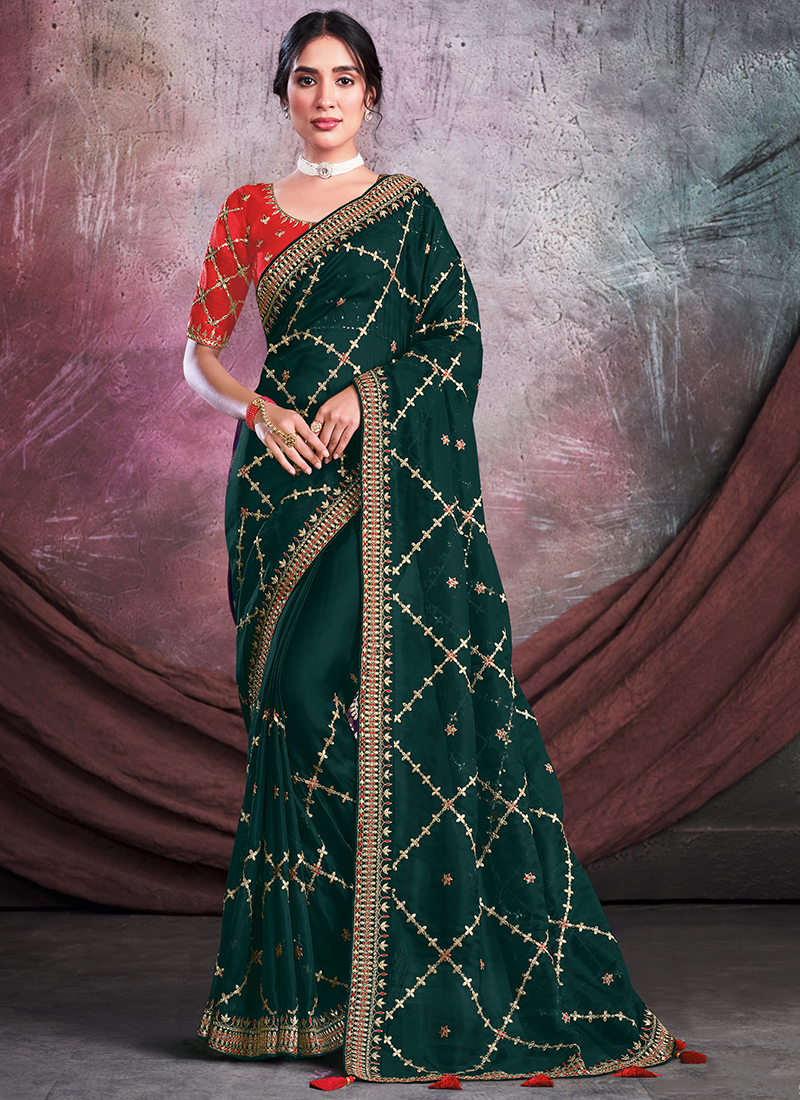Pure Banarasi Jacquard Silk Sarees Dark Green Colour, Wedding Wear-sgquangbinhtourist.com.vn