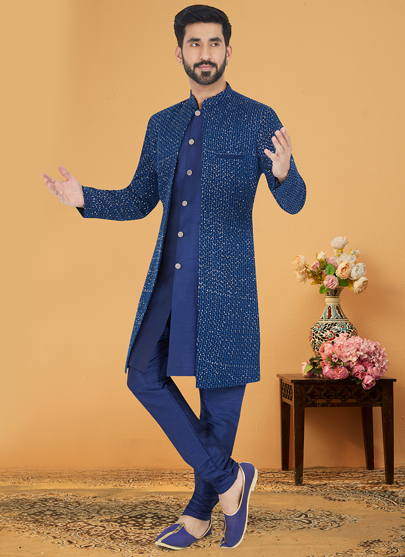 blue indo western dress men Blue Embroidered Indo Western Sherwani Set: African Man Groom Suit