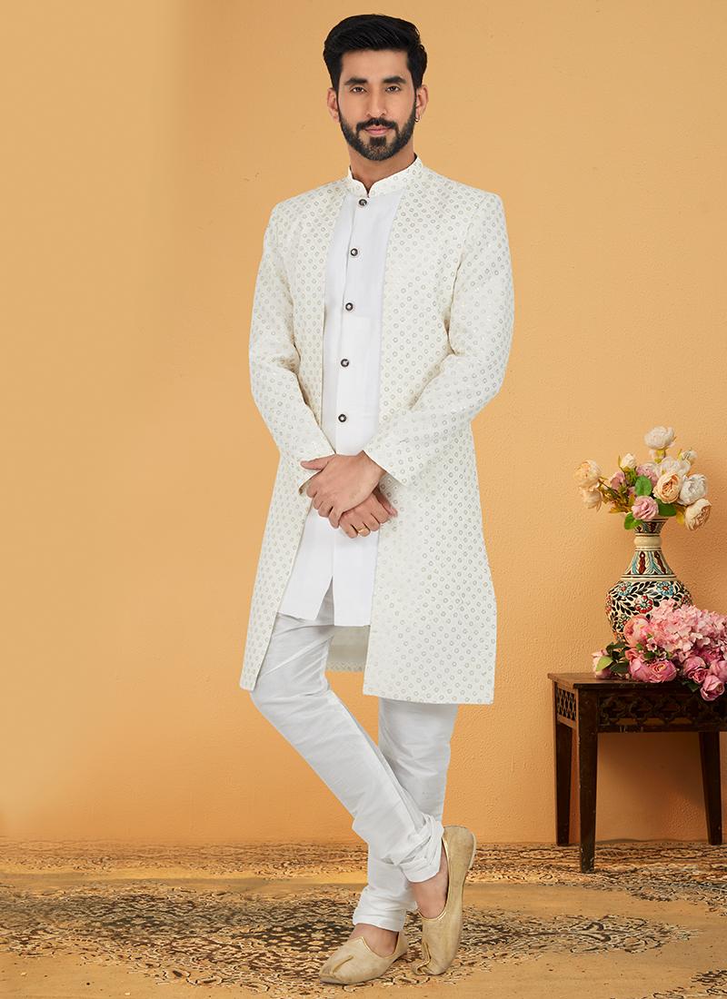 Buy Wedding Wear White Embroidery Work Georgette Banarasi Dhupion Mens Indo Western Online From Surat Wholesale Shop. Buy Wedding Wear White Embroidery Work Georgette Banarasi Dhupion Mens Indo Western Online From Surat Wholesale Shop.