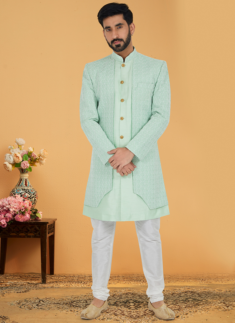 Buy Wedding Wear Lime Green Embroidery Work Silk Banarasi Dhupion Mens Indo  Western Online From Surat Wholesale Shop.