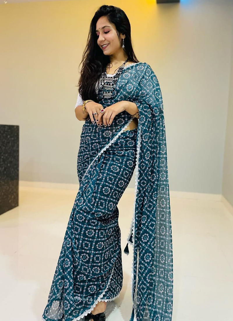 Blue Casual Wear Floral Printed Chiffon Saree With Fancy Blouse