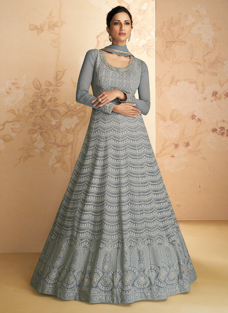 Buy Party Wear Grey Embroidery Work Georgette Gown With ...