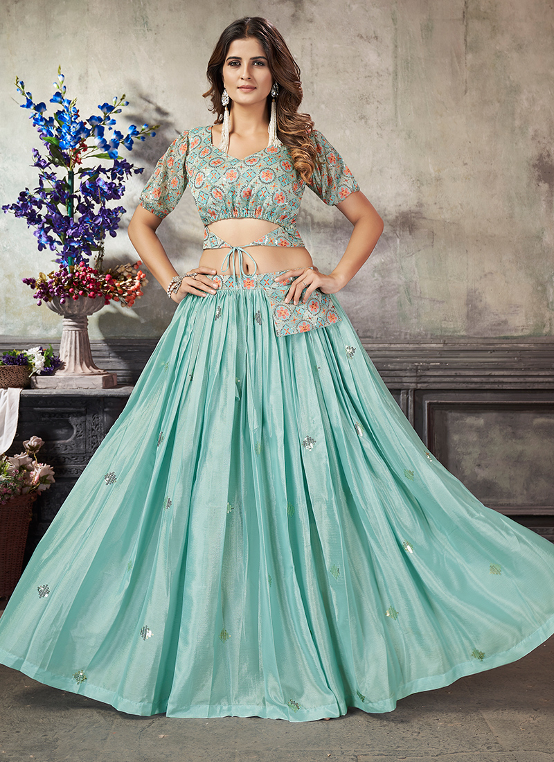Sea Green Floral Georgette Crop Top And Skirt With Dupatta  Set Of Three  by Athira Designs  The Secret Label