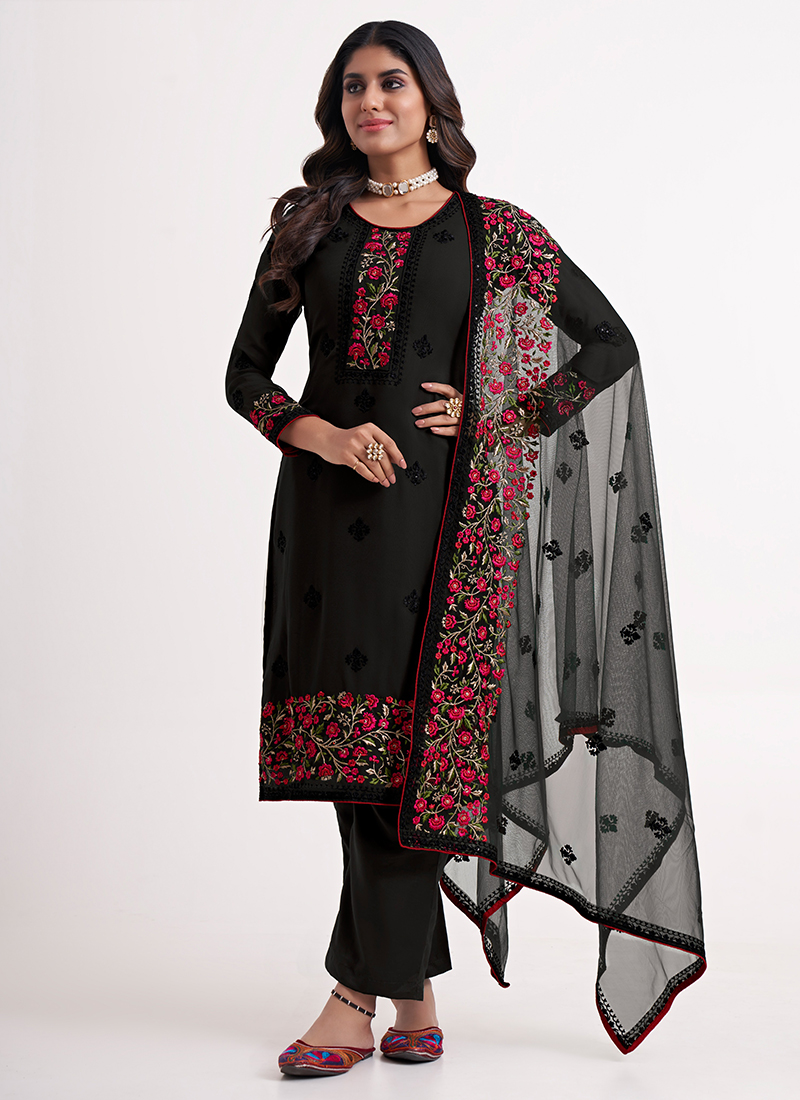 Buy Black and Red Jacquard Pant Style Straight Salwar Suit Online