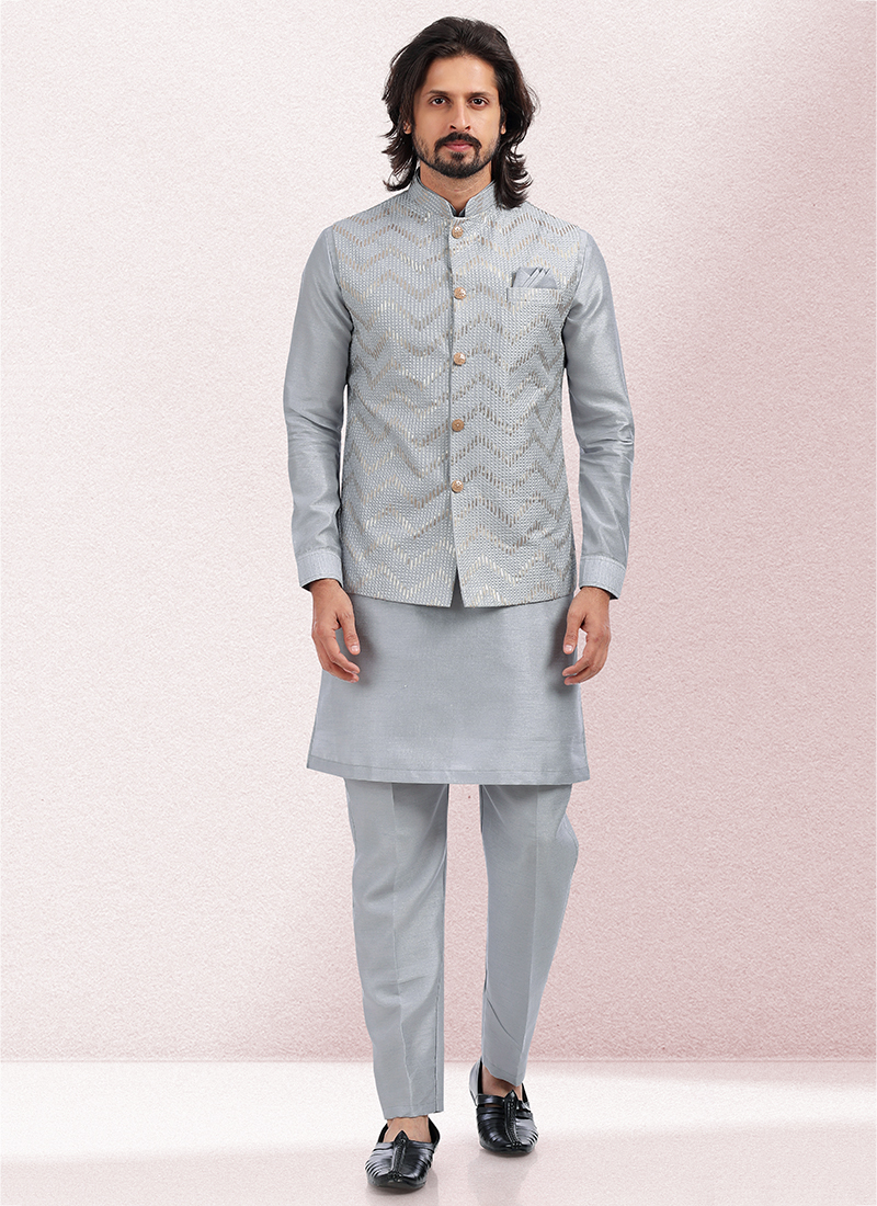 Lovely Grey Color Festive Wear Embroidery Work Readymade Kurta Pyjama For  Men With Jacket