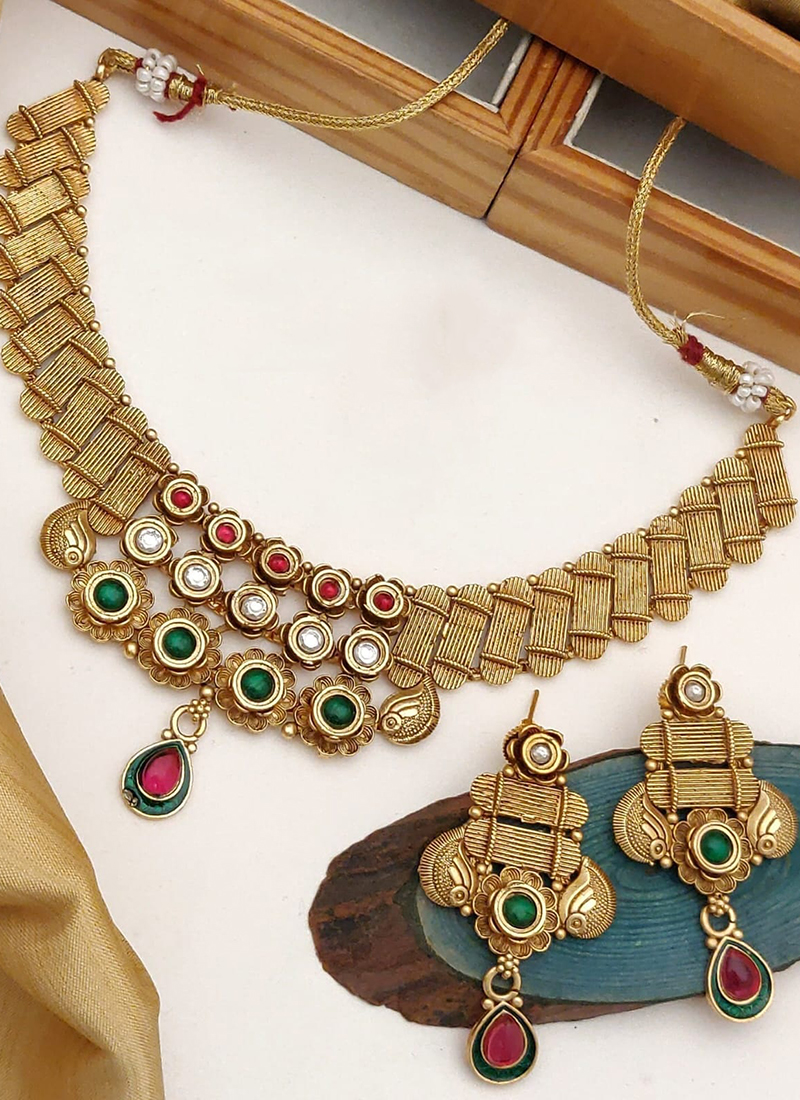 High Gold Finish Long Necklace Set With Stone Studded – Hayagi