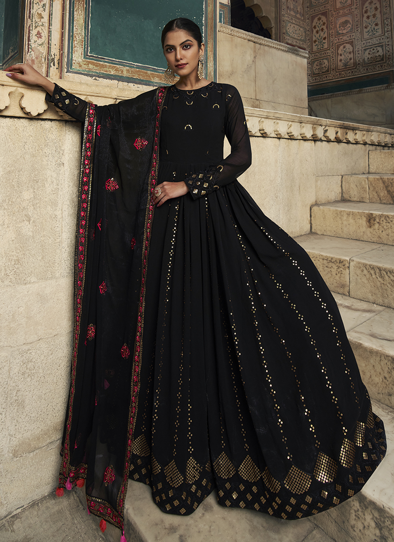 Buy Black Sequins Work Georgette Festival Wear Gown With Dupatta From Zeel  Clothing