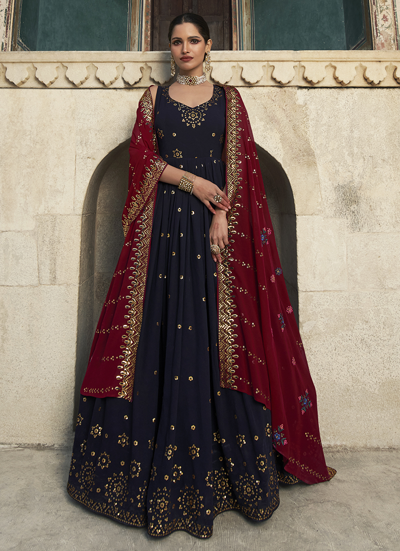 dupatta for navy blue dress Navy Blue Georgette Thread Work Party Wear Gown With Dupatta