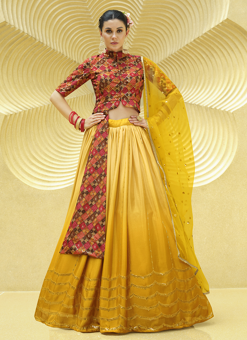 Yellow silk circular lehenga choli for wedding 6502