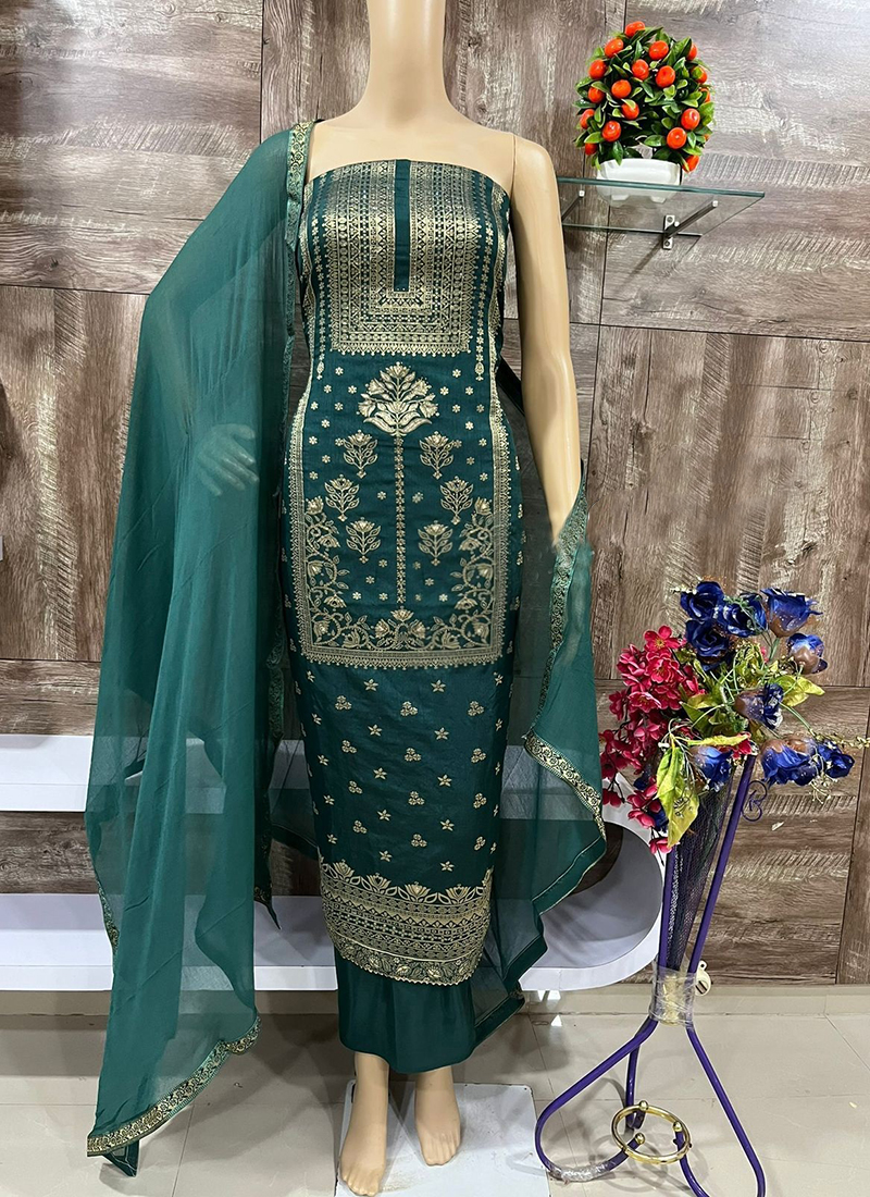 Buy Traditional Wear Firozi Jacquard Banarasi Silk Dress Material ...