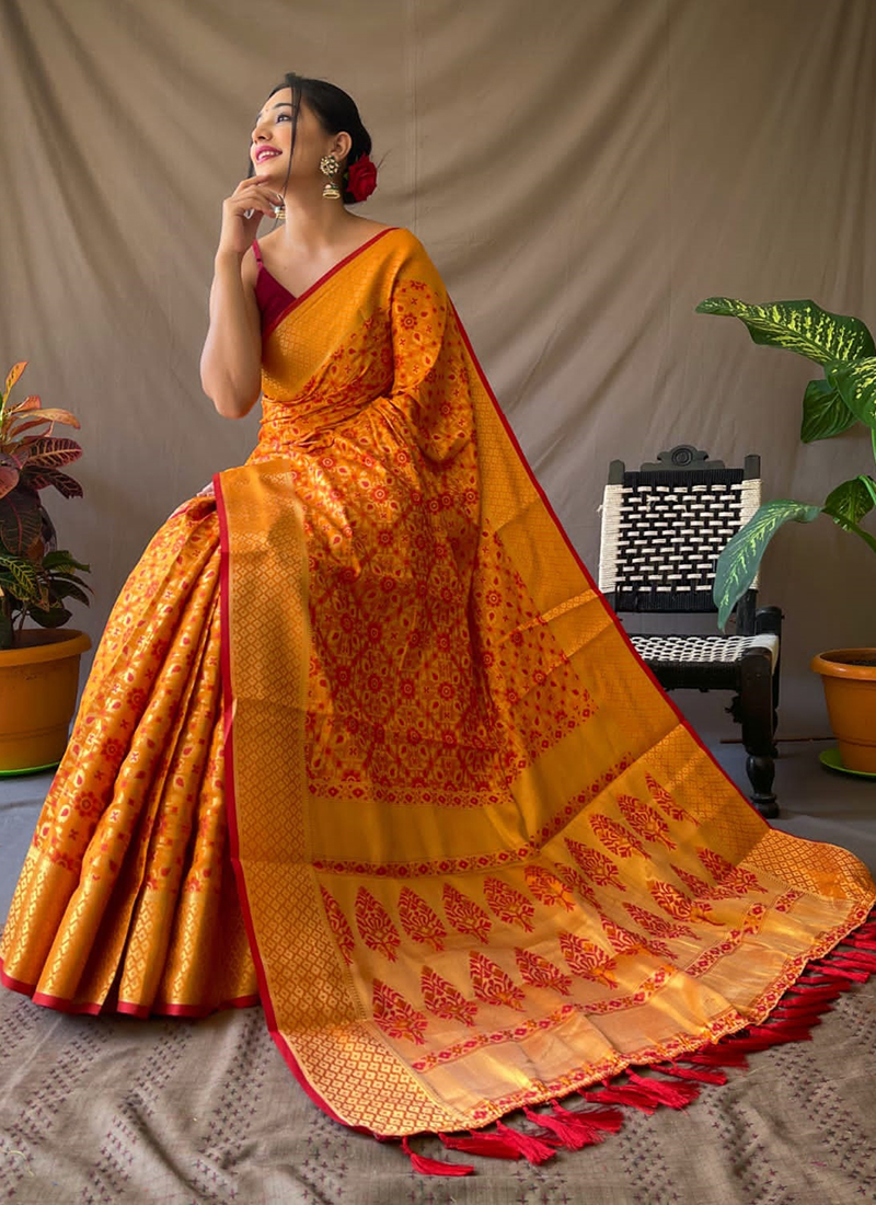 Buy Party Wear Orange Patola Silk Saree Online From Surat Wholesale Shop.