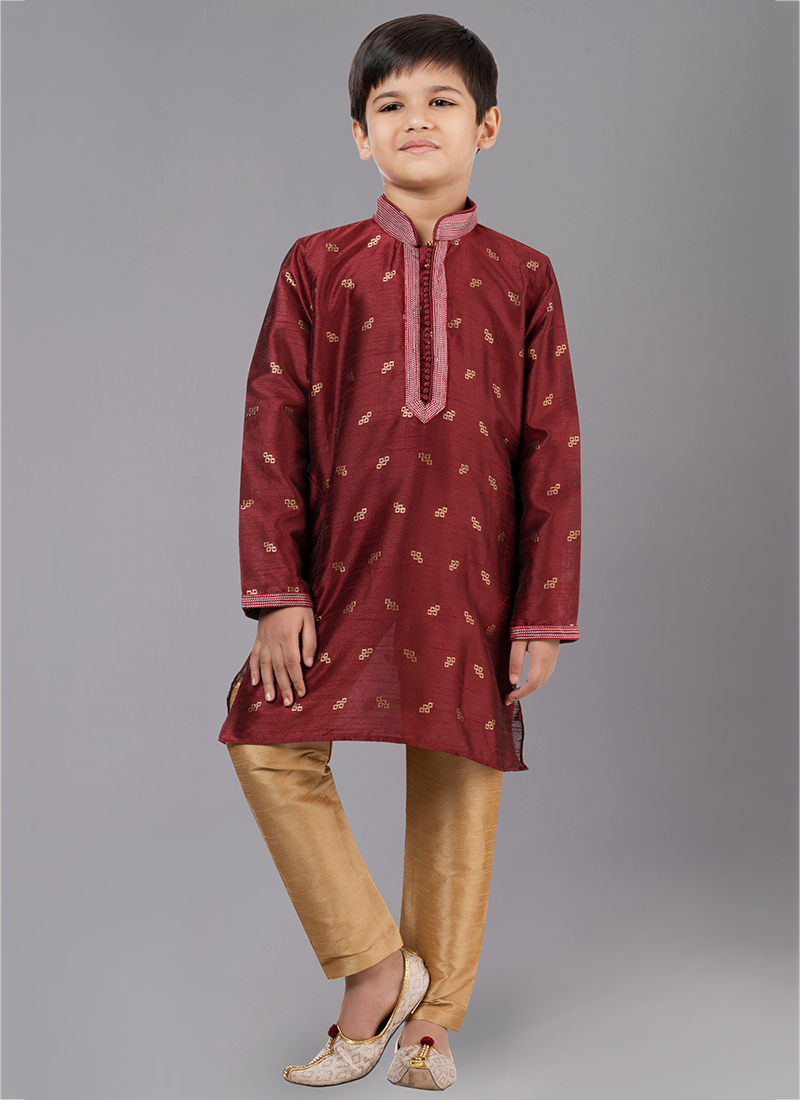 Maroon Kurta Pajama Jacquard Silk