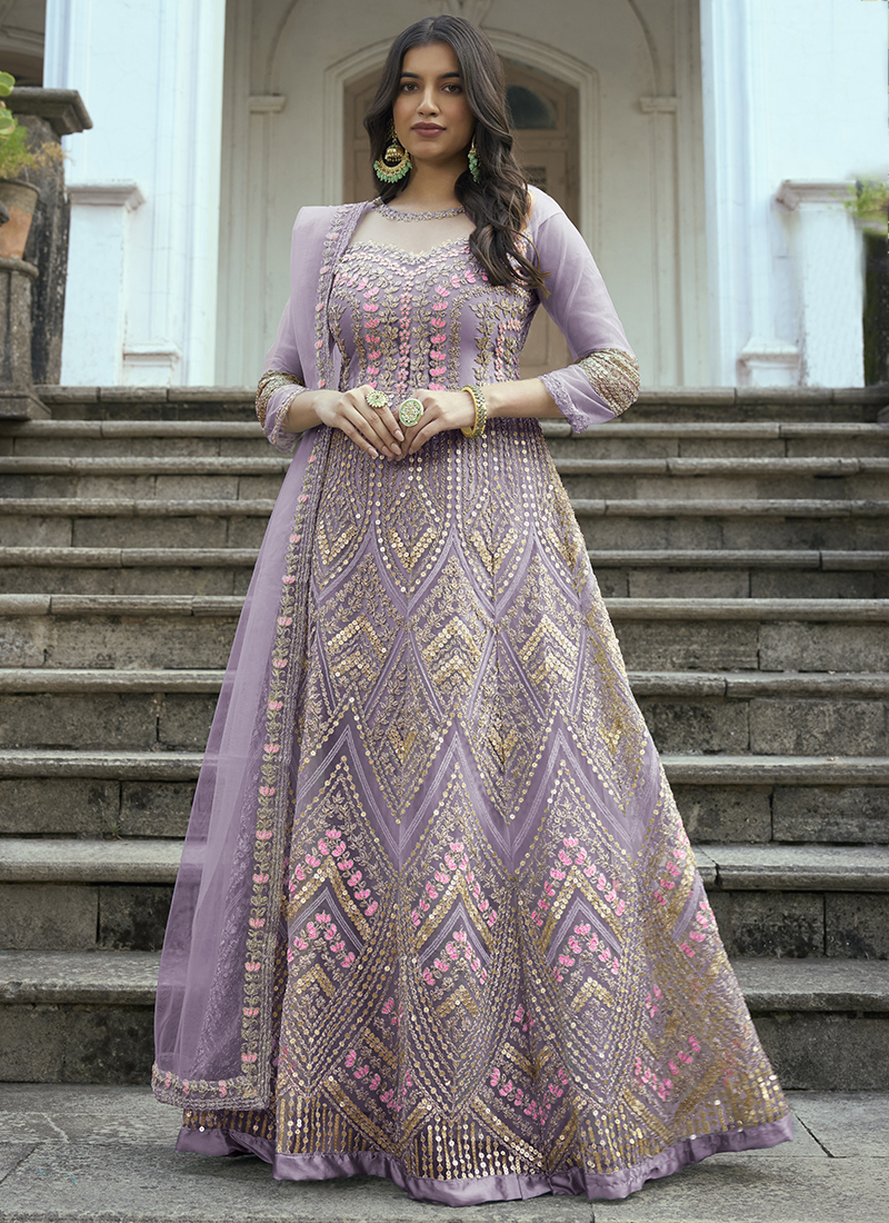 Buy Heavily Embroidered Net Anarkali Paired With Chanderi Lehenga by  Designer Jayanti Reddy Online at Ogaan.com