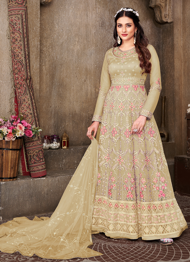 Pista Green Gown Embellished with Floral Designed Embroideries and Dupatta| Gowns-Diademstore.com