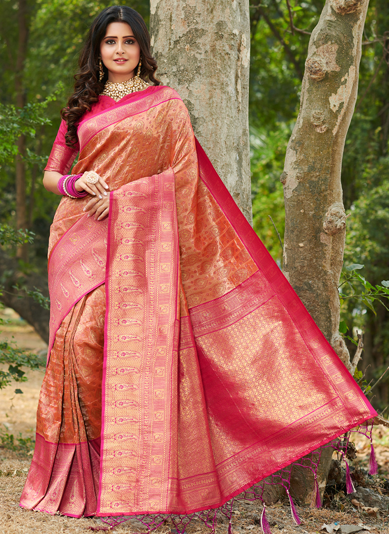 Pink Floral Woven Banarasi Silk Saree With Tassels