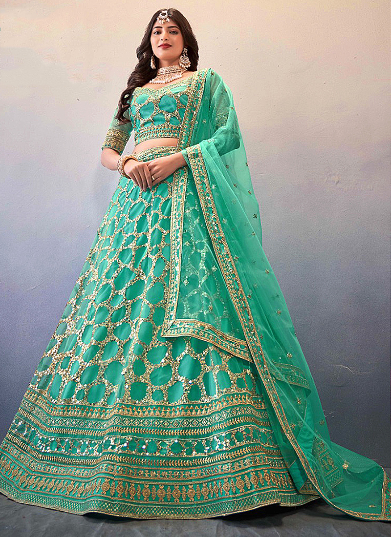 Mind-blowing Rama Green Color Sequence Designer Embroidered Work Georg –  Lehenga Closet