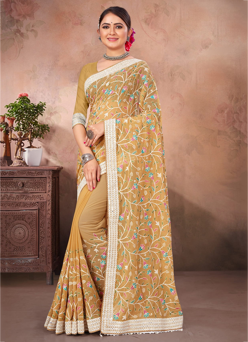 Buy Party Wear Pista Green Embroidery Work Georgette Saree Online From  Surat Wholesale Shop.