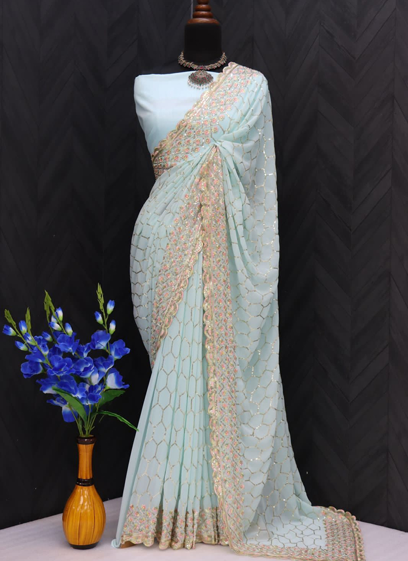 Buy Awesome Sky Blue Zari Work Silk Party Wear Saree - Zeel Clothing