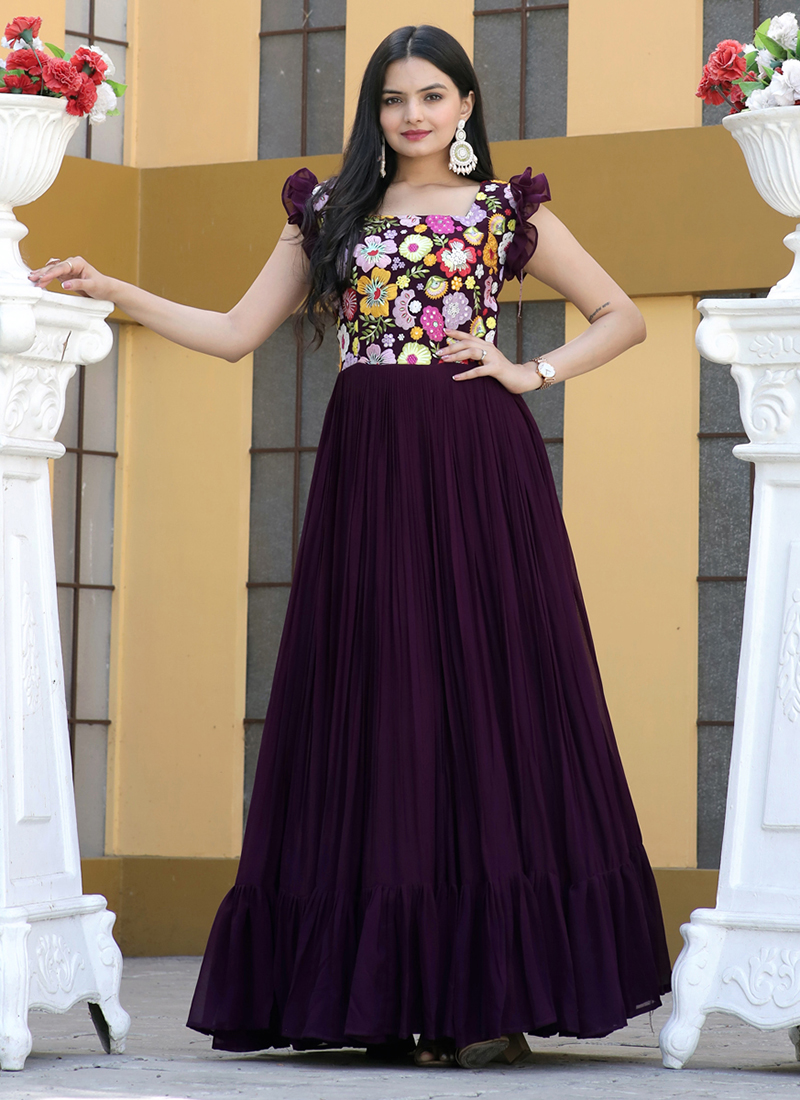 Buy Beautiful georgette Maroon Colour Gown at Rs. 1100 online from Surati  Fabric Wedding Dress : SF-BG-CM