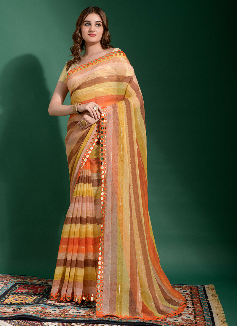 Olive Green Chiffon Saree With Zari And Resham Embroidery Work For Wedding  | Kolour