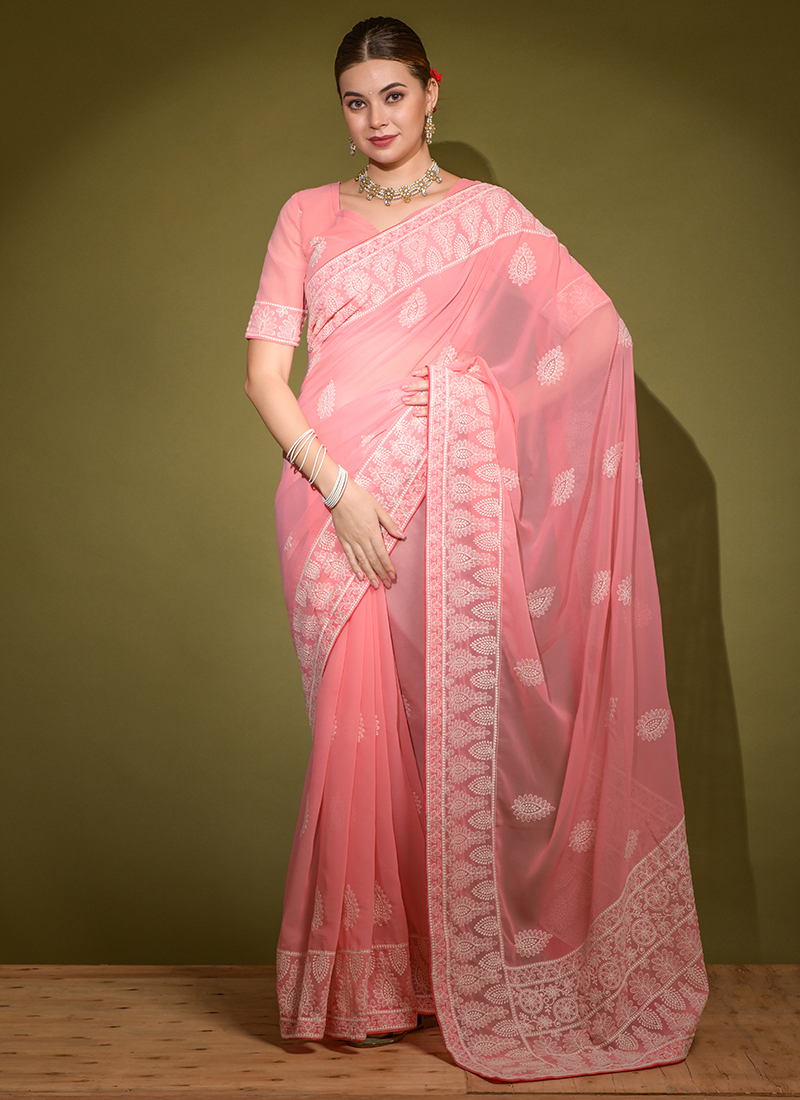 Vishal Prints Light Pink Designer Chiffon Saree