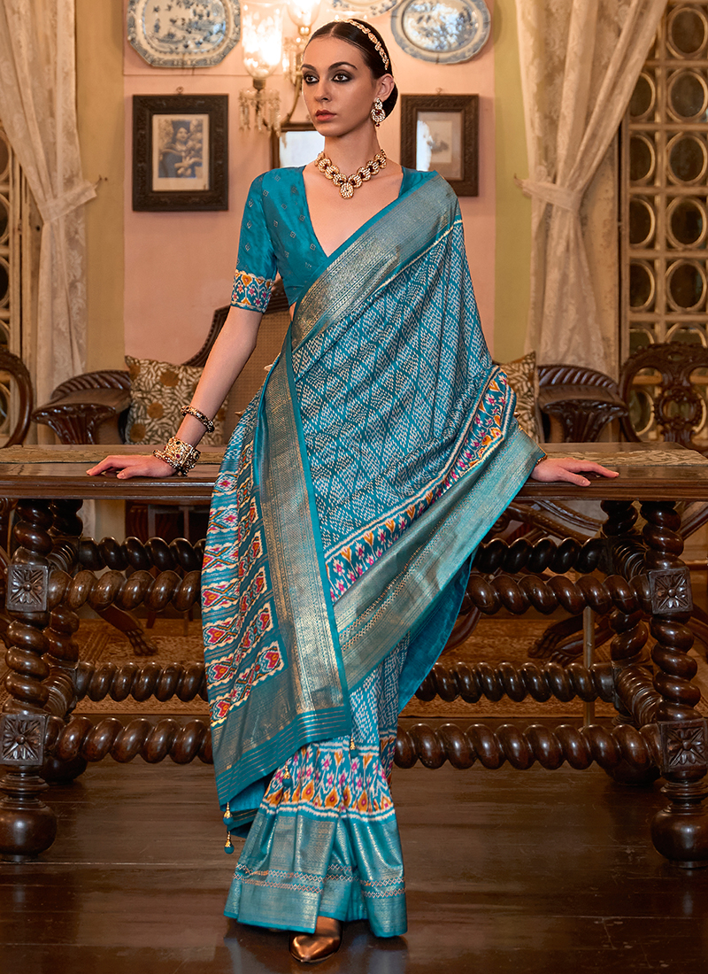 Sky Blue Silk Saree with Contrast Blouse - Anil Kumar Sunil Kumar Sarees