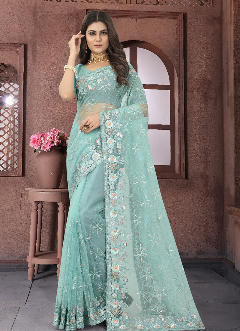 Saree | Beautiful Net Saree in Firozi Color With Designer Blouse - SR-333 |  Stylish sarees, Indian designer sarees, Saree designs