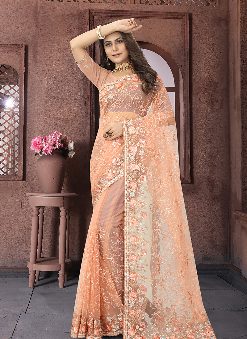 Peach Silk Wedding Saree With Floral Weaves