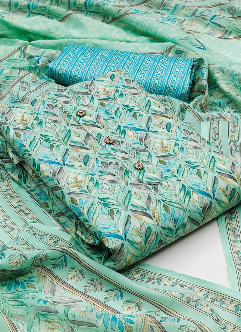 sky blue cotton dress material Blue Pure Cotton Dress Material With Digital Florals & Handcrafted Seq