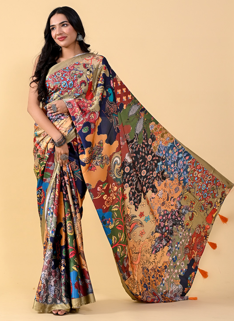 Yellow Color Floral Digital Printed Japan Satin Silk Saree vt000124