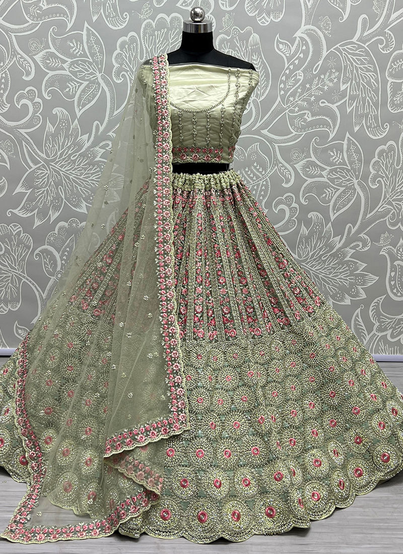 Wedding Pista Green Embroidery Net Lehenga Choli - Rent