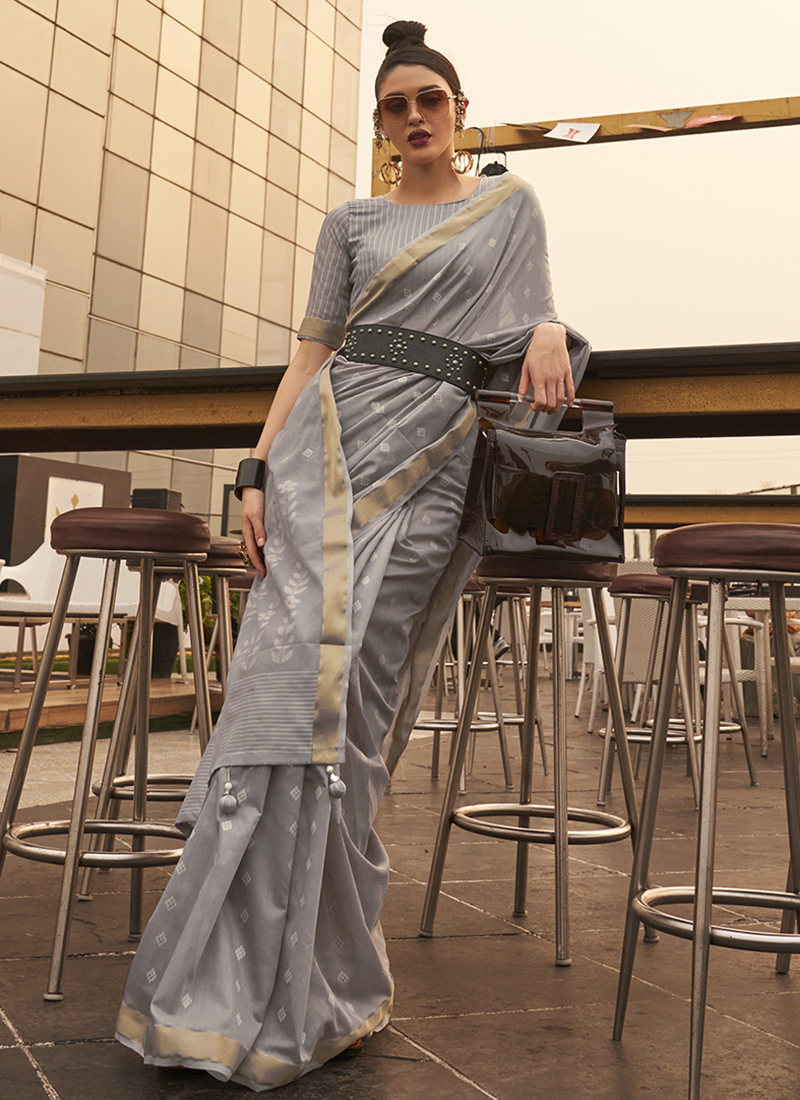 Kajal Aggarwal Sage Grey Shimmer Georgette Designer Saree | Saree, Saree  designs, Designer silk sarees